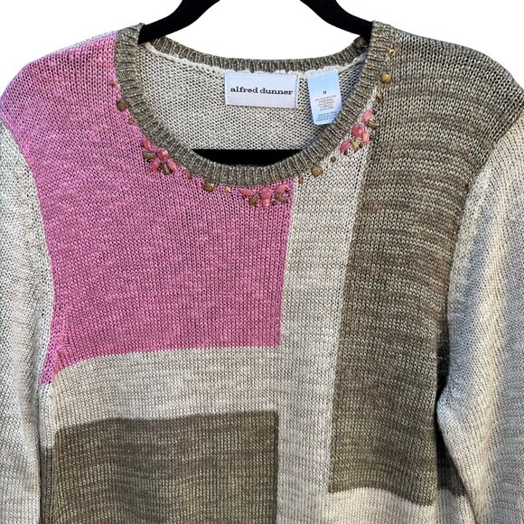 Alfred Dunner Vintage Womens Beaded Neckline Pink Tan Colorblock Knit Sweater M - Picture 3 of 9